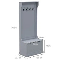 Mobile Appendiabiti 3 in 1 con 4 Ganci e Panca Contenitore, in Legno, 71.5x39.5x170 cm, Grigio