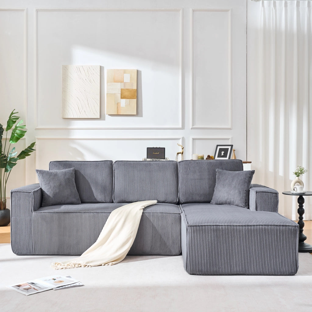 Divano angolare convertibile 2 posti con chaise longue, in velluto a coste, Grigio