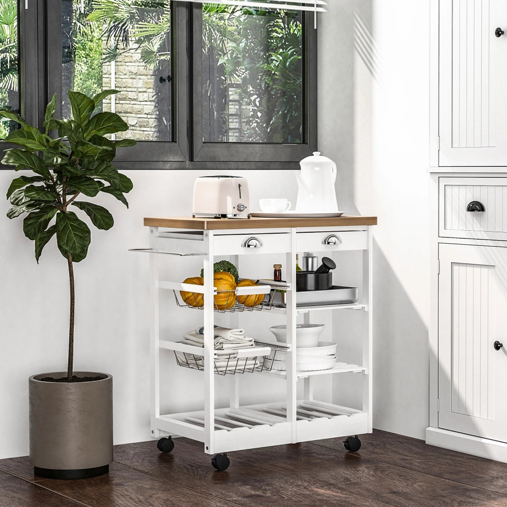 Carrello Cucina Multiuso ¨C Xylo ¨C Legno Pino Bianco 2 Cassetti 2 Ripiani 2 Cesti 74x37x76 cm