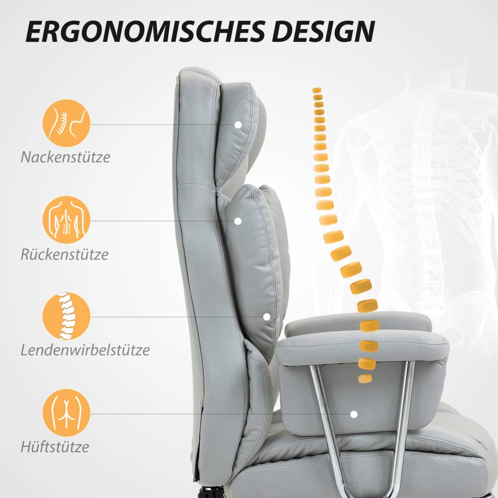 Sedia da ufficio ergonomica reclinabile con poggiapiedi e braccioli in schiuma grigio chiaro