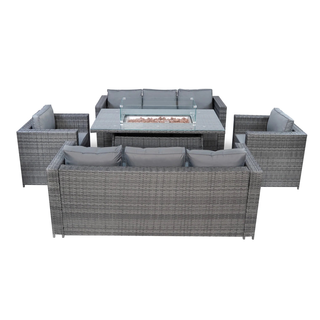 Set Giardino Rattan 8 Posti Grigio Divani Poltrone Tavolo Firepit