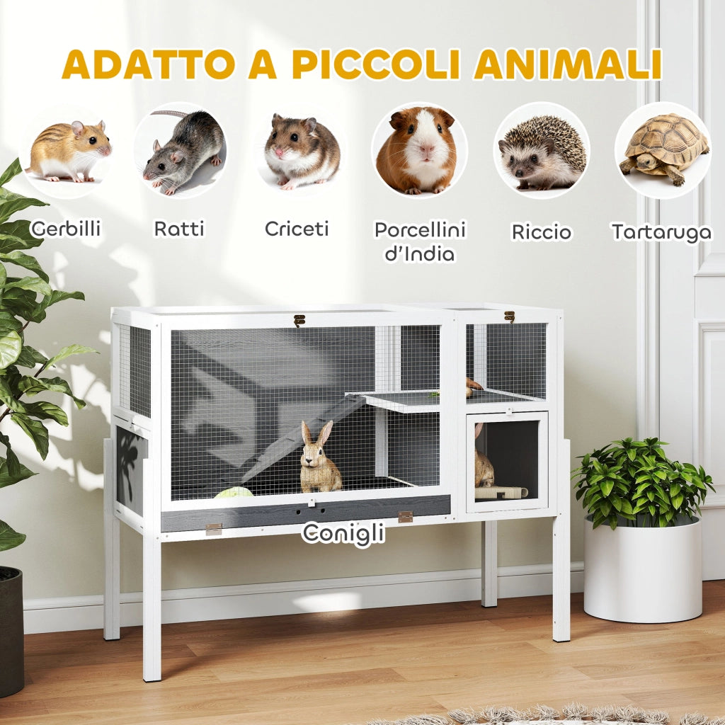Gabbia per Conigli e Criceti da Interno 120x53x93 cm Rialzata con Vassoio Estraibile e Tetto Apribile in Legno Grigio