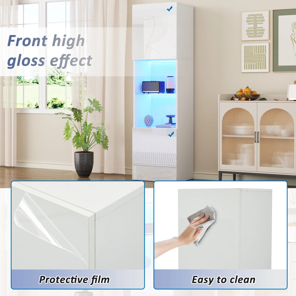 Vetrina con LED e 1 ripiano in vetro, anta lucida, per soggiorno e ufficio, truciolare bianco, 45 × 35 × 160 cm