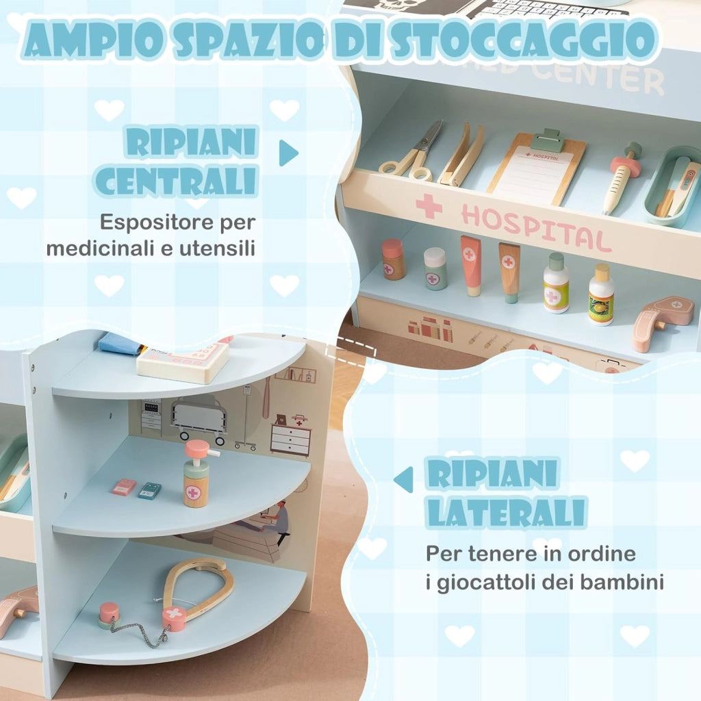 Set Gioco Dottore per Bambini, Medico Giocattolo in Legno con Tabella Oculistica, Macchinario CT e Radiografie, Gioco di Ruolo Medico Educativo con Accessori per Bambini 3+ Anni (Blu)