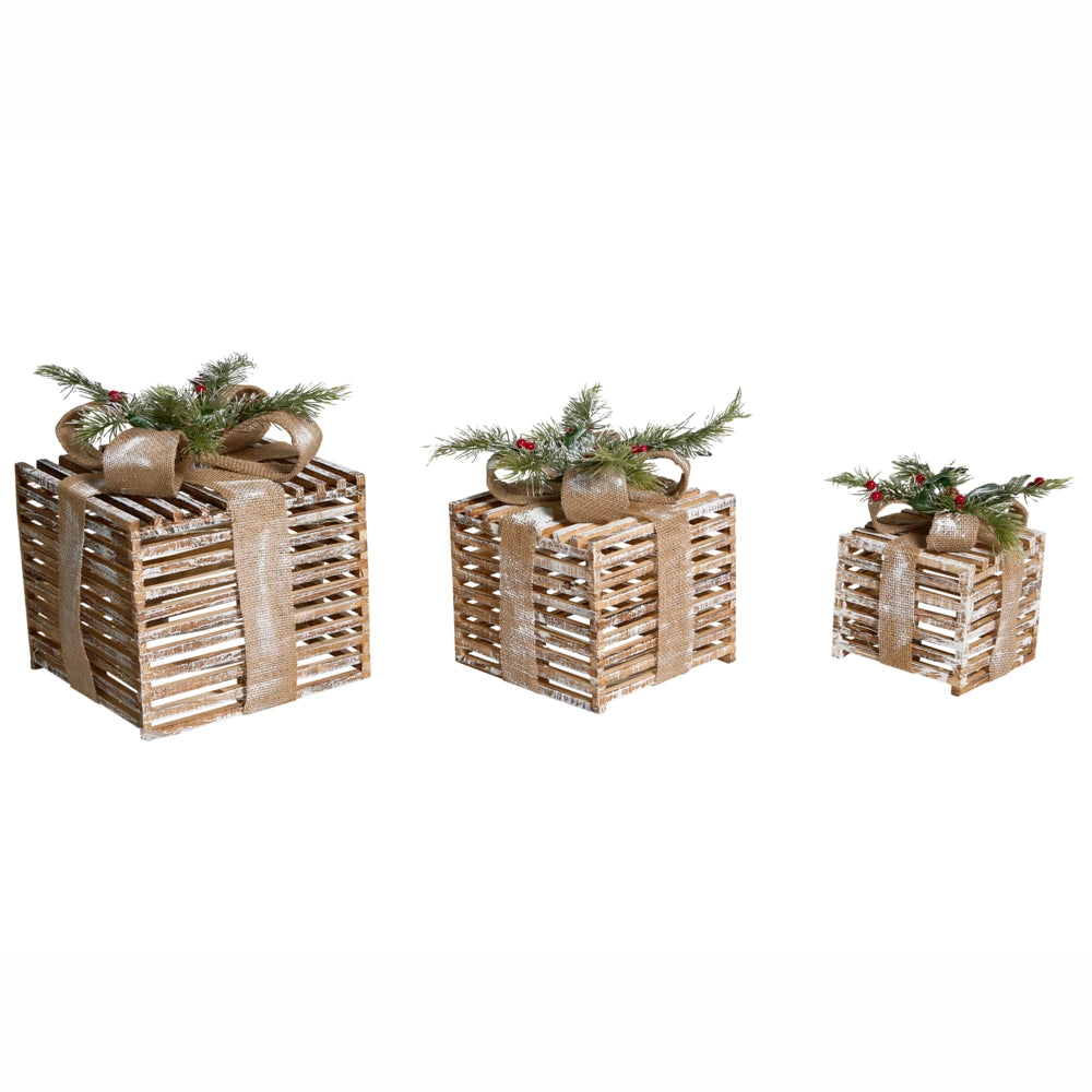 Set di 3 decorazioni natalizie in legno di abete marrone con luci LED Regali di Natale fatti a mano Tradizionali