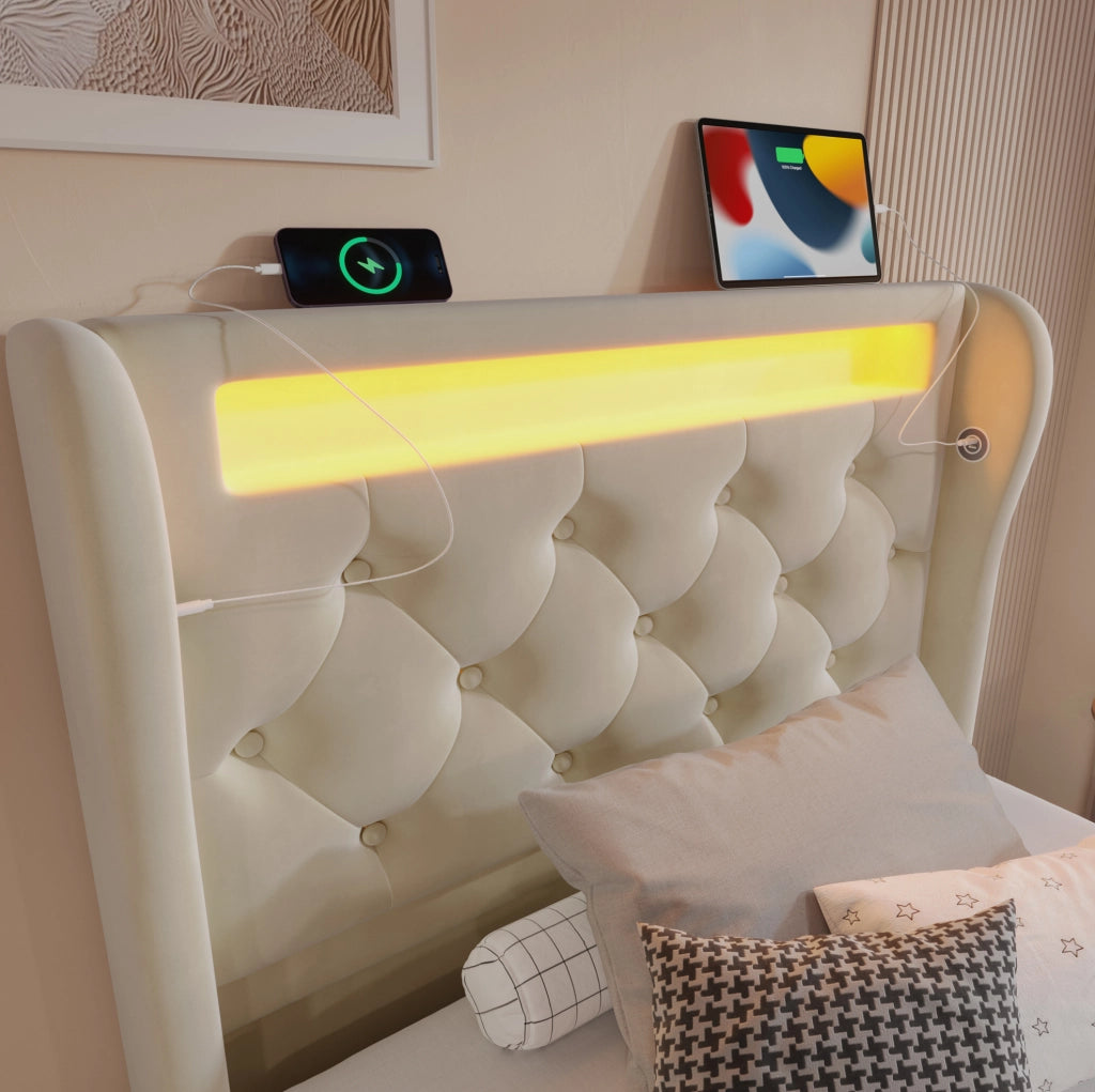 Letto imbottito con contenitore 90x200 cm in velluto beige; LED integrato e prese USB Type-C