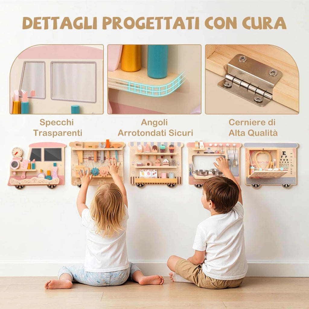5 in 1 Pannello Sensoriale in Legno per Bambini, Busy Board con Vanity, Cassetta degli Attrezzi, Cucina Giocattolo, Kit del Dottore e Bar, Giocattolo Montessori per Sala Giochi e Asilo