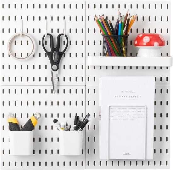 Set di appoggio per attrezzi, 27,9 x 27,9 cm, pannello di appoggio in plastica, 4 pannelli, set di appoggio per parete con accessori per garage, spazio per gli attrezzi, cucina, soggiorno, stanza per hobby, ufficio, bianco
