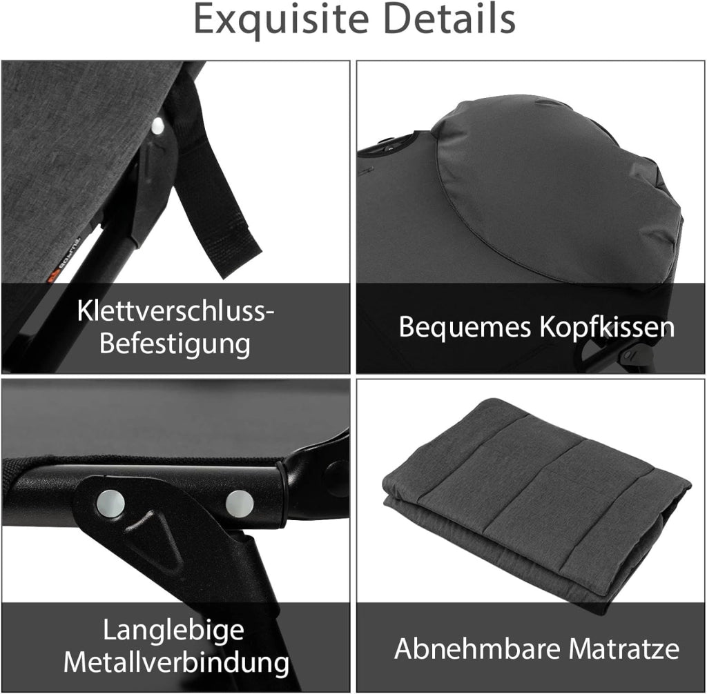 SOARS Sdraio pieghevole alla carpa con schienale regolabile in 6 posizioni, cuscino e materasso, lettino da campeggio a 6 gambe con grandi piedi di fango fino a 200 kg, portata 194 x 66 x 29 cm