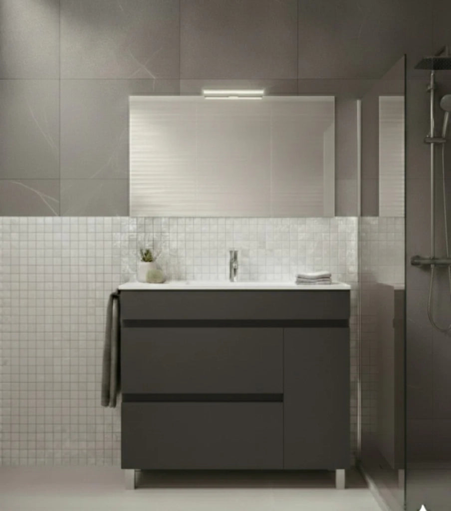 Mobile Bagno FENRIR Già Montato 2 cassetti e porta con piedini, lavabo e specchio Grafite 80x40 cm