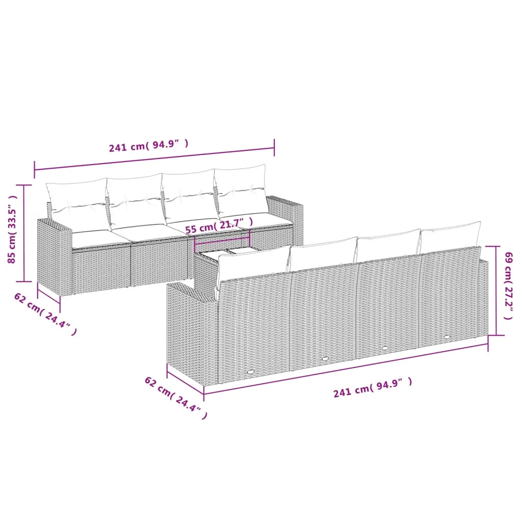 Set Divani da Giardino 9 pz con Cuscini Nero in Polyrattan 3218735
