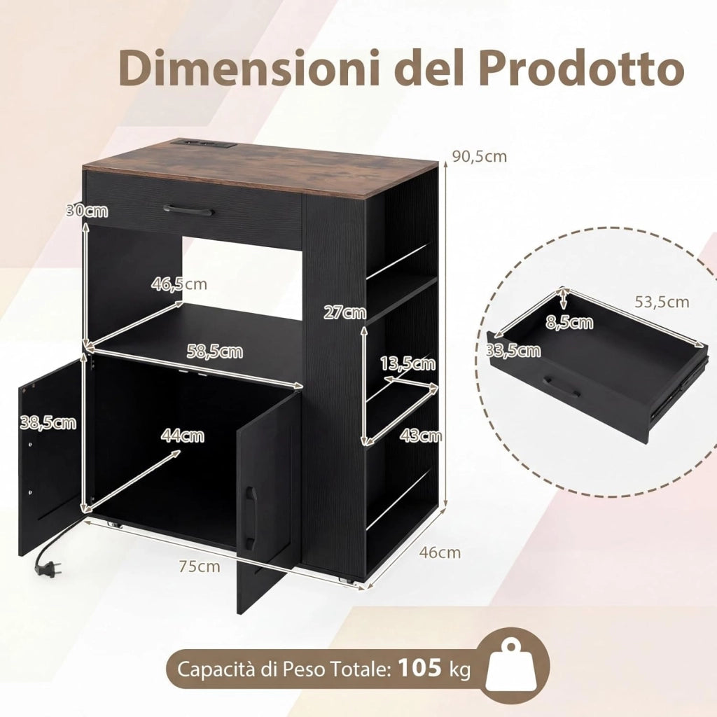 Carrello da Cucina con Ruote, Isola da Cucina con 3 Portaspezie 1 Cassetto Armadietto a 2 Porte, Carrello Portaoggetti con Portasciugamani,82x46x92 cm (Nero, con presa)