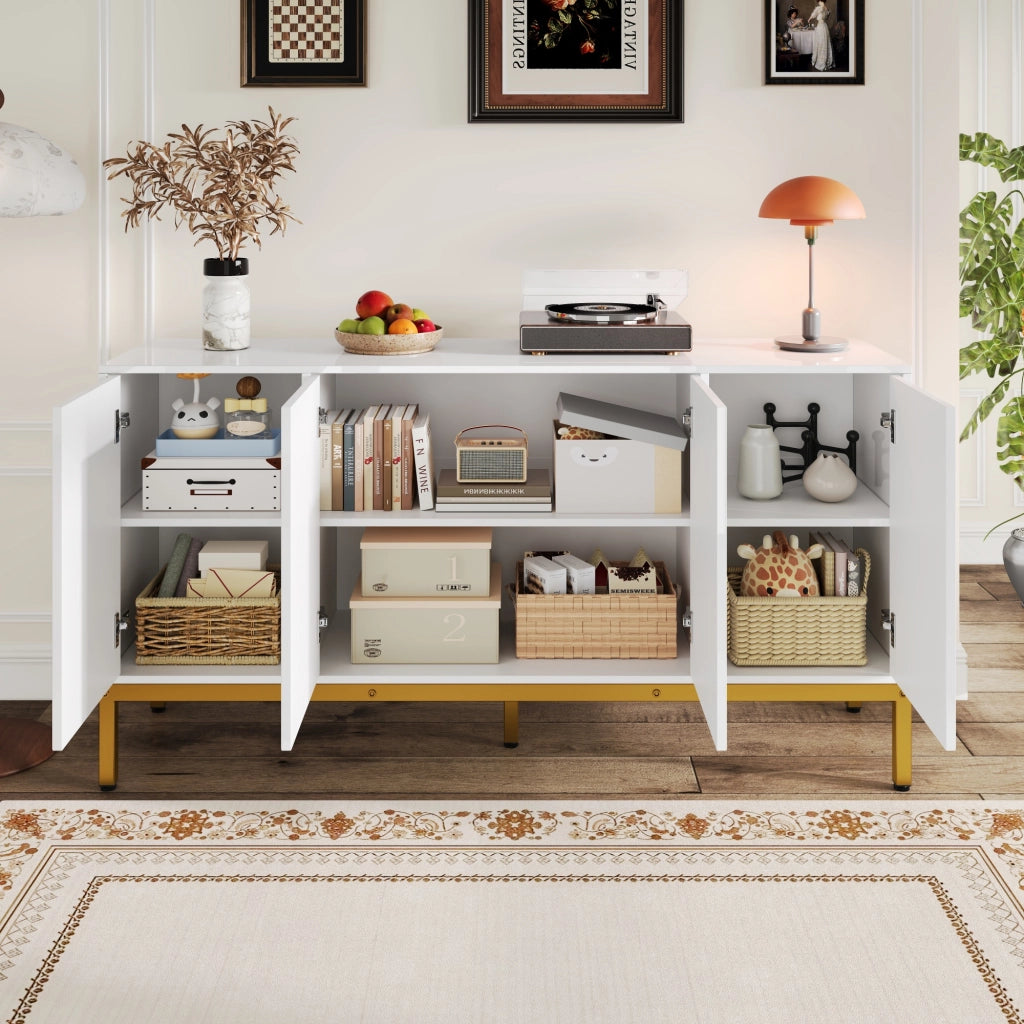 Credenza con 4 Ante e Ripiani Regolabili; Finitura Lucida; in MDF e Pannello Truciolare; Bianco; 140??40??80 cm