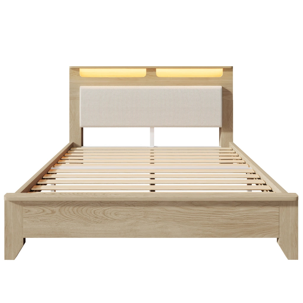 Letto matrimoniale 140x200 cm con LED e contenitore; beige e rovere chiaro