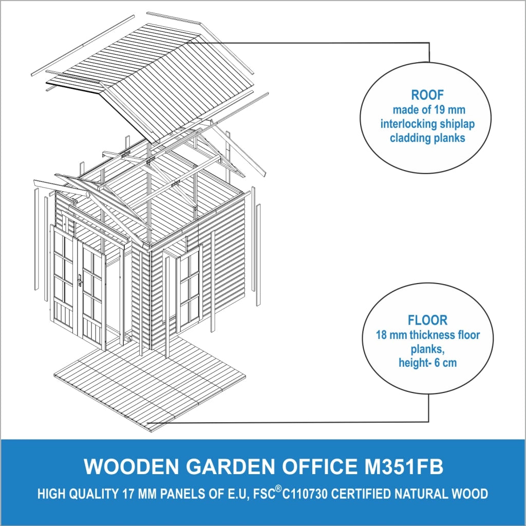 Ufficio in legno da giardino - W233xD222xH233cm - con tegole bituminose - TIMBELA M351FB+H351FBBROWN