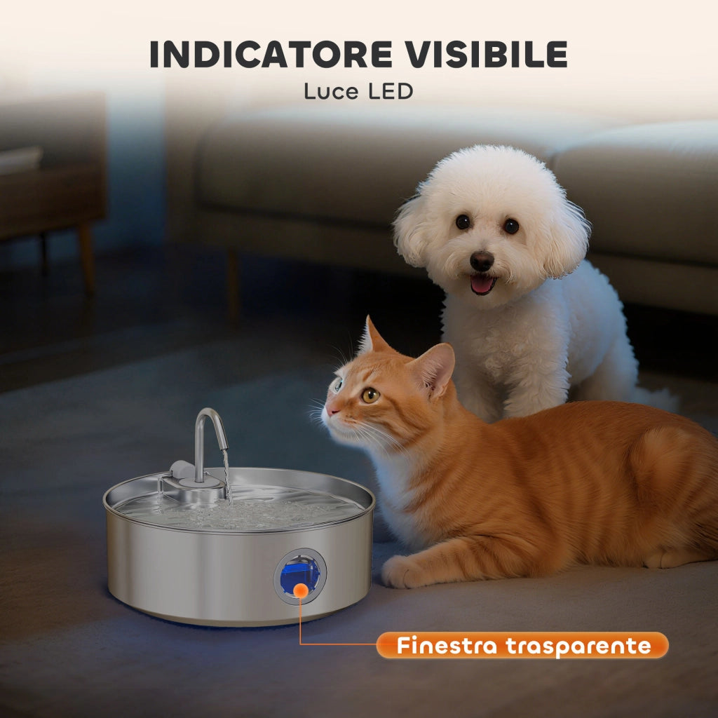 Fontanella per Gatti 30,5x31,2x19,3 cm Capacità 7L con Luce LED e Tripla Filtrazione in Acciaio Inox 304 Argento