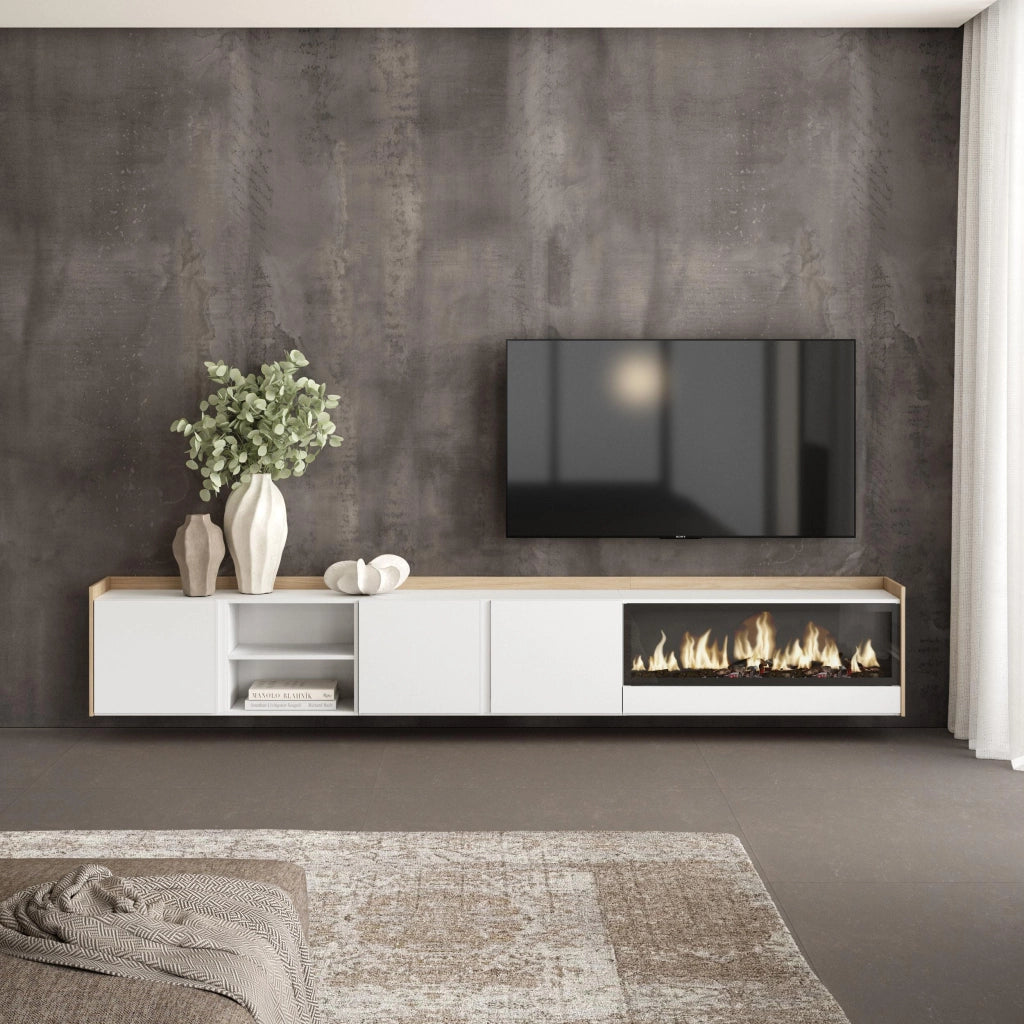 Mobile TV Soggiorno, 315x50x35 cm, Per TV fino a 80", Camino elettrico XXL, Sospeso, da appendere, Bianco e Rovere soft