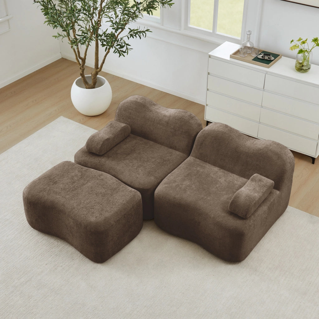 Divano angolare modulare a onde in velluto marrone con pouf collegabile
