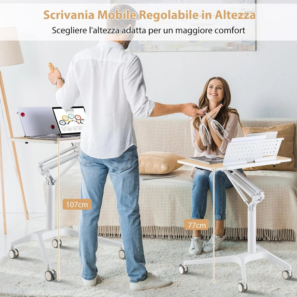 Scrivania Regolabile in Altezza, Tavolino da Letto e Divano con Supporto Rimovibile e sistema di sollevamento, Tavolino per Ospedale, Ufficio e Casa, Portata 45 kg