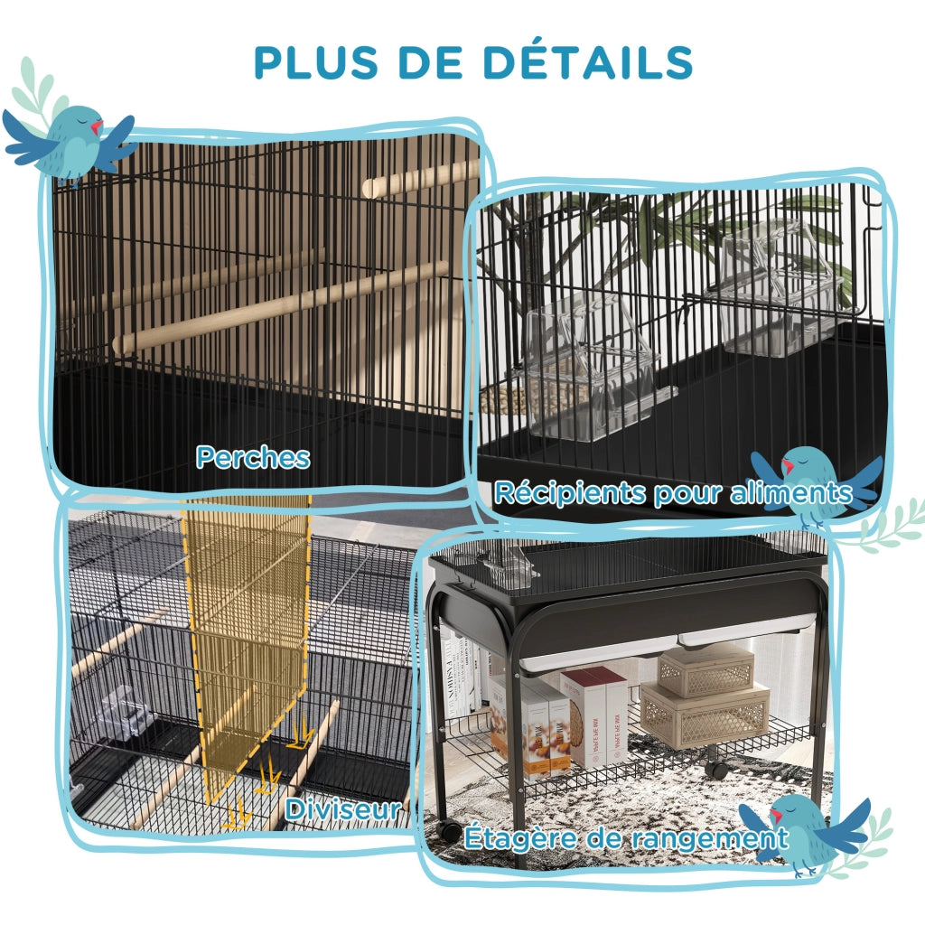 Gabbia per Uccelli con Supporto e Ruote ¨C Xylo ¨C 85x49x119cm Nero