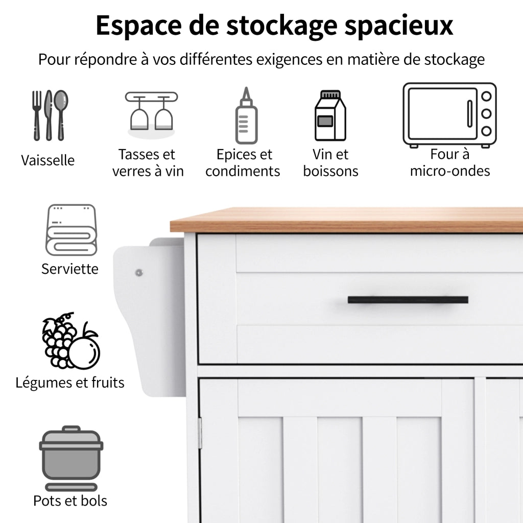 Carrello da cucina con 2 cassetti; 3 vani; piano ribaltabile e ruote per cucina e sala da pranzo; in MDF bianco; 129×46×91.5 cm