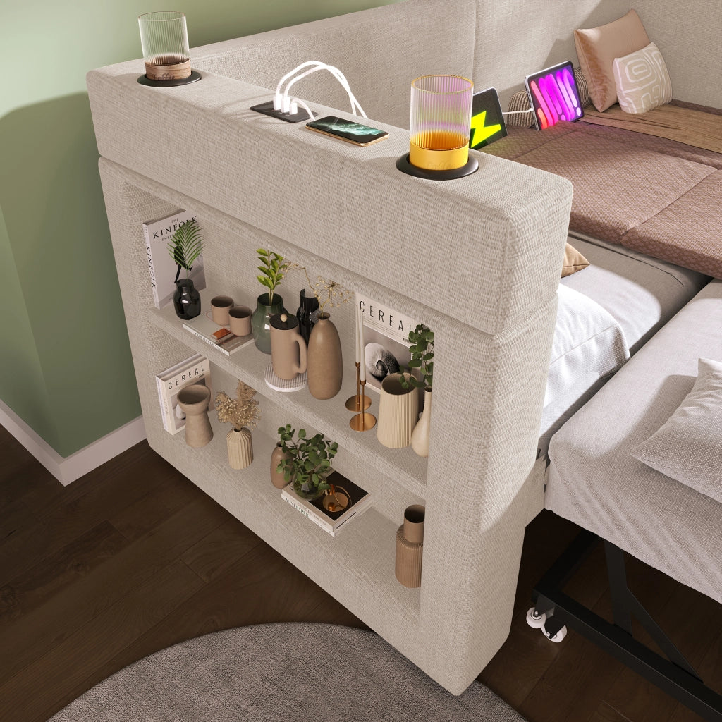 DESMIU Divano letto 90 × 200 cm 1 posto con letto estraibile, 3 USB, Type-C, 2 portabicchieri, senza materasso