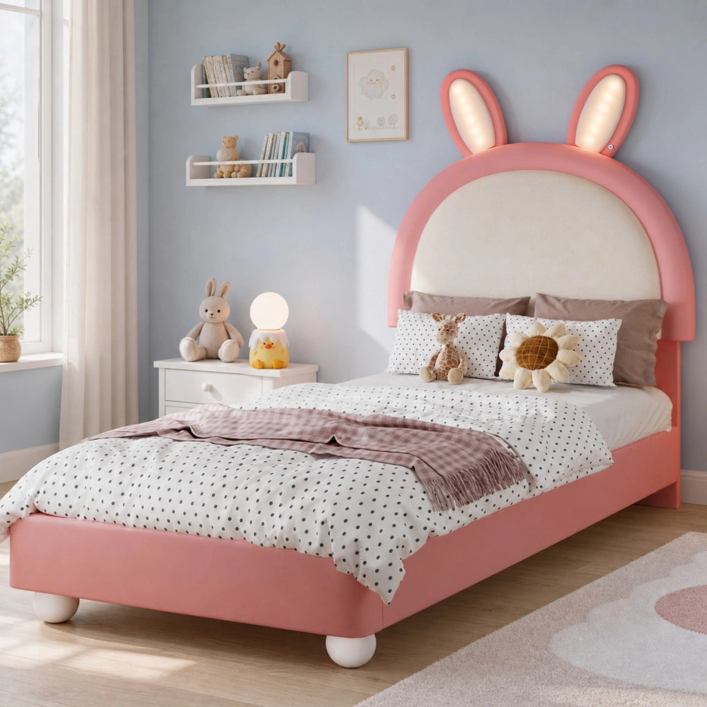 Letto imbottito per bambini con testiera a forma di coniglio e LED