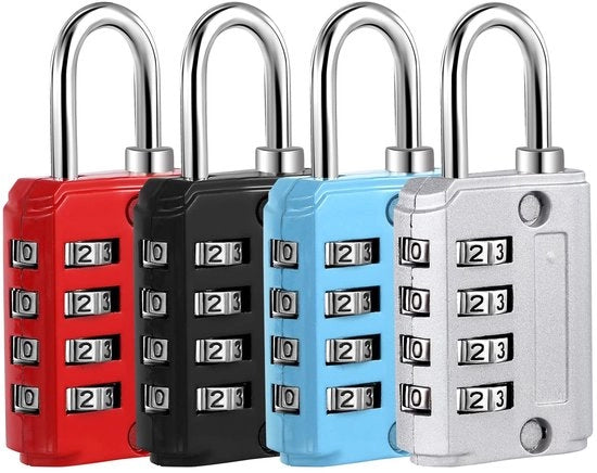 Pacchetto con 4 piccoli slot per appendiabito, combinazioni a 4 cifre, lucchetto per valigia con codice combinato, slot per bagagli, lucchetto per zaini, scuole e palestre (argento, nero, blu, rosso)
