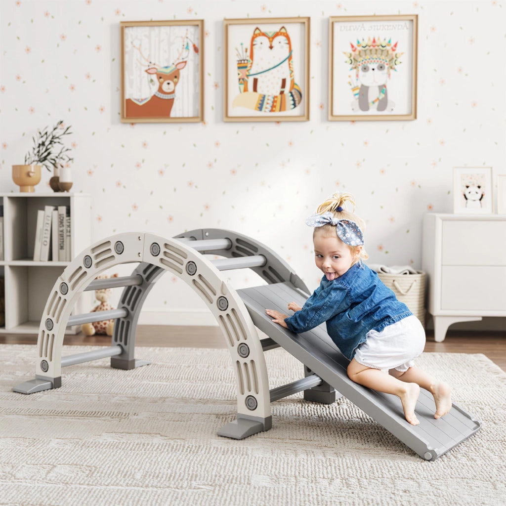 Letto a Soppalco per Bambini con Scivolo e Scala ¨C Zephmum ¨C Grigio e Bianco 164x70x57 cm