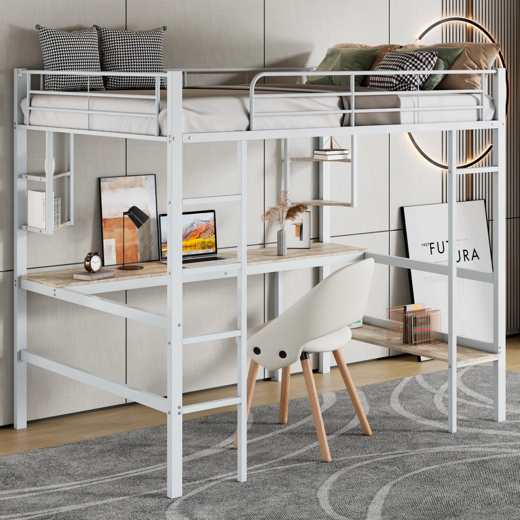 Letto a castello bianco in metallo con scrivania e scaffali 90x200 cm
