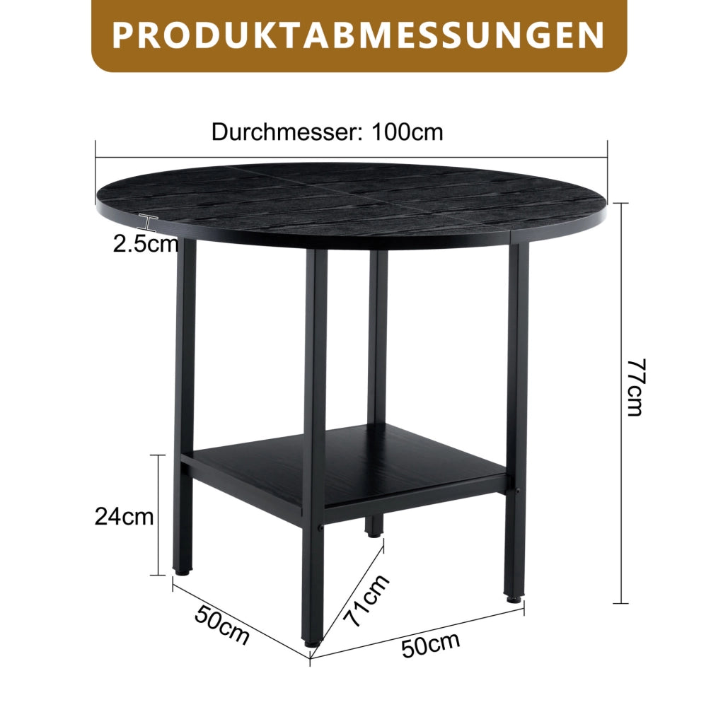 Tavolo da pranzo rotondo Ø100 cm nero con ripiano, MDF e metallo