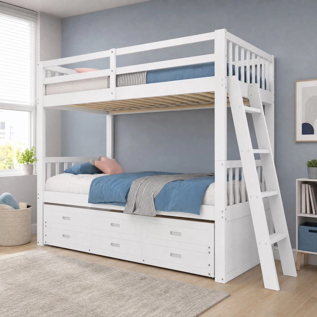 LETTO a castello 90x200 cm in pino e MDF, bianco, con letto estraibile e 3 cassetti