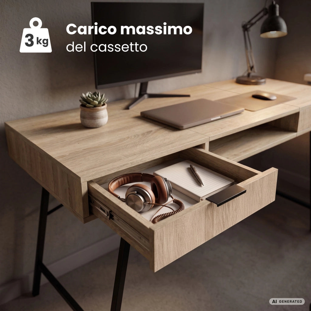 Scrivania industriale per computer Rovere Sonoma ARDEN 120 cm 2 cassetti 1 ripiano gambe nere