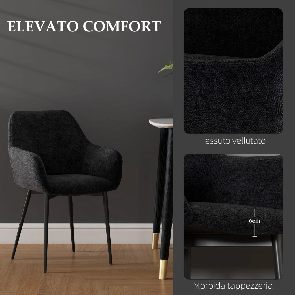 Set 2 Sedie per Sala da Pranzo Moderne con Braccioli, Seduta Imbottita e Gambe in Acciaio, 54x57x80cm, Nero