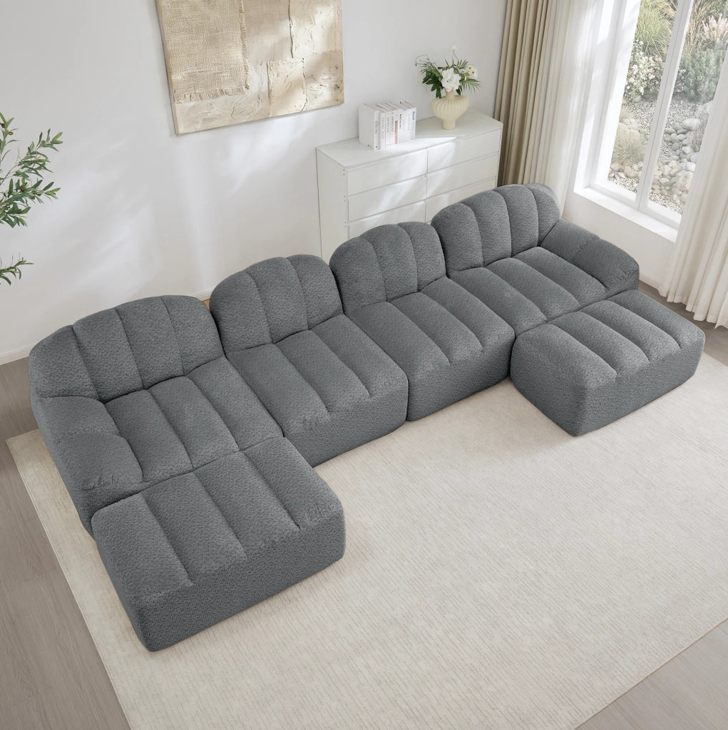 Divano modulare 4 posti con ottomana; forma ergonomica senza struttura 366x165x79 cm in fleece granulare grigio