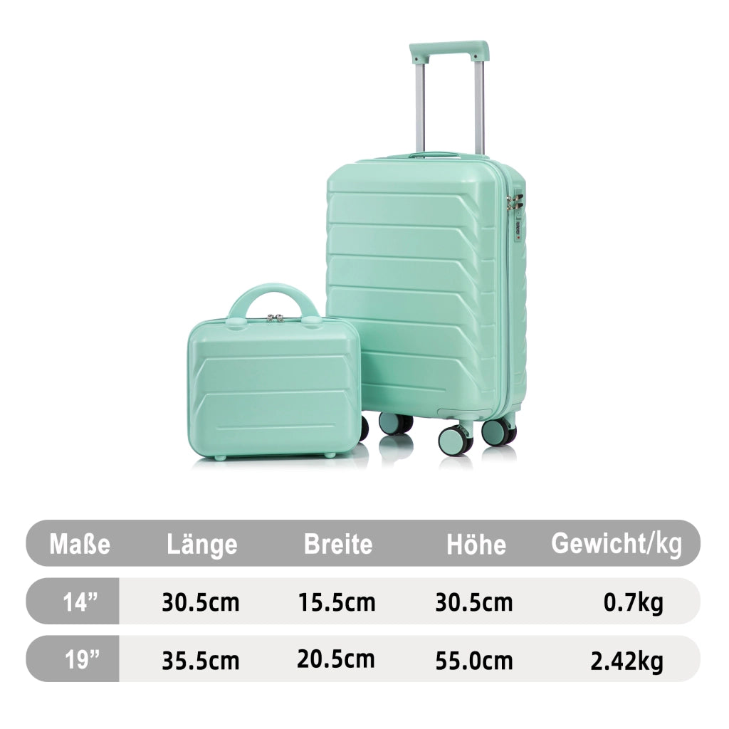 Set di 2 valigie girevoli in ABS da 14"/19" con lucchetto a combinazione e trousse da 14" (verde menta)