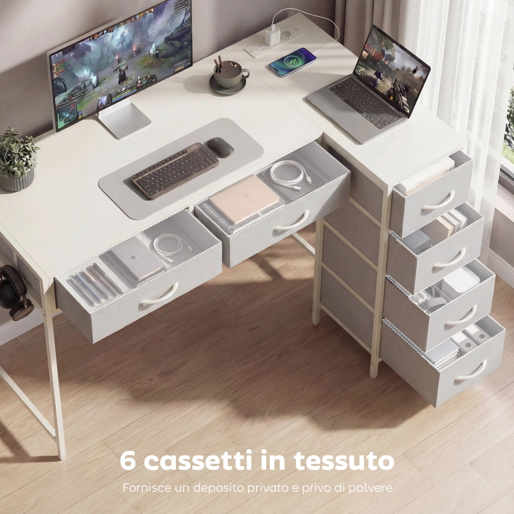 Scrivania Angolare con Cassetti ¨C zephmum ¨C Legno e Acciaio, Bianco, 126x48x80 cm