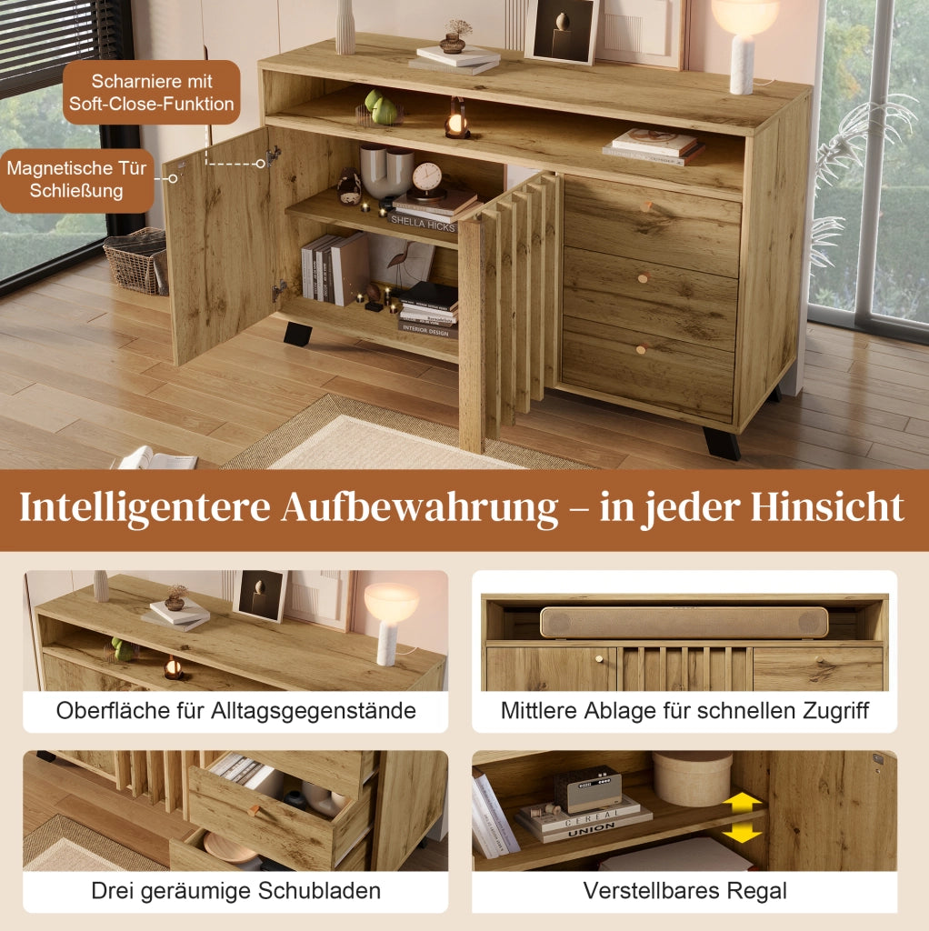 Credenza con 3 cassetti, 2 ante e vano aperto in rovere scuro