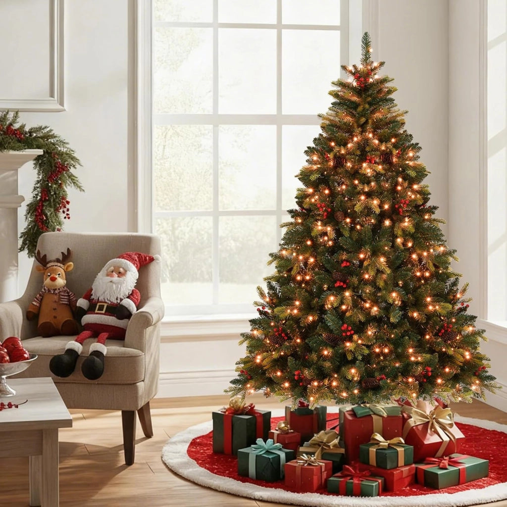 Albero di Natale Artificiale 180 cm, con 370 Luci RGB Multicolori Controllabili tramite APP, 1054 Rami in PE & PVC, 41 Pigne e 41 Bacche Rosse e Controllo Remoto (180 cm)