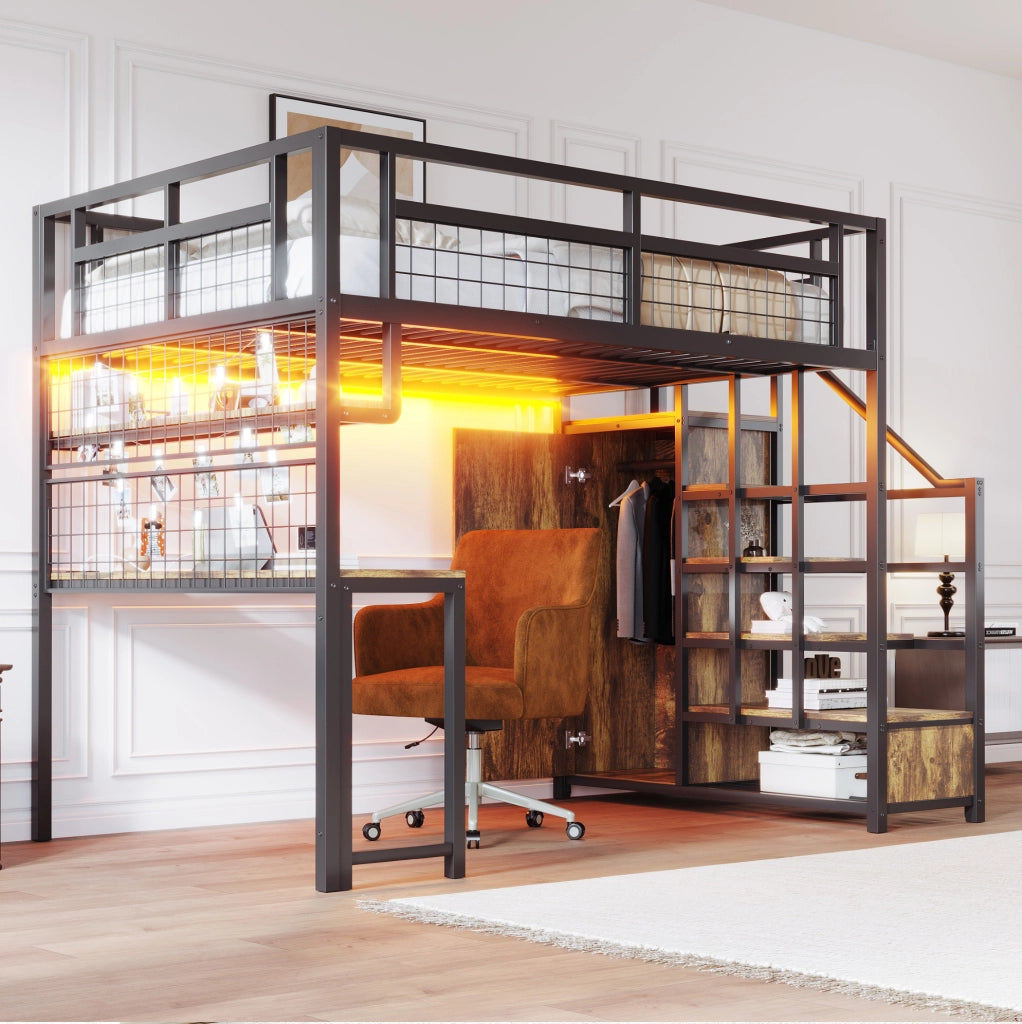 Letto a soppalco in metallo 140x200 cm con scrivania; libreria; scala contenitore; nero