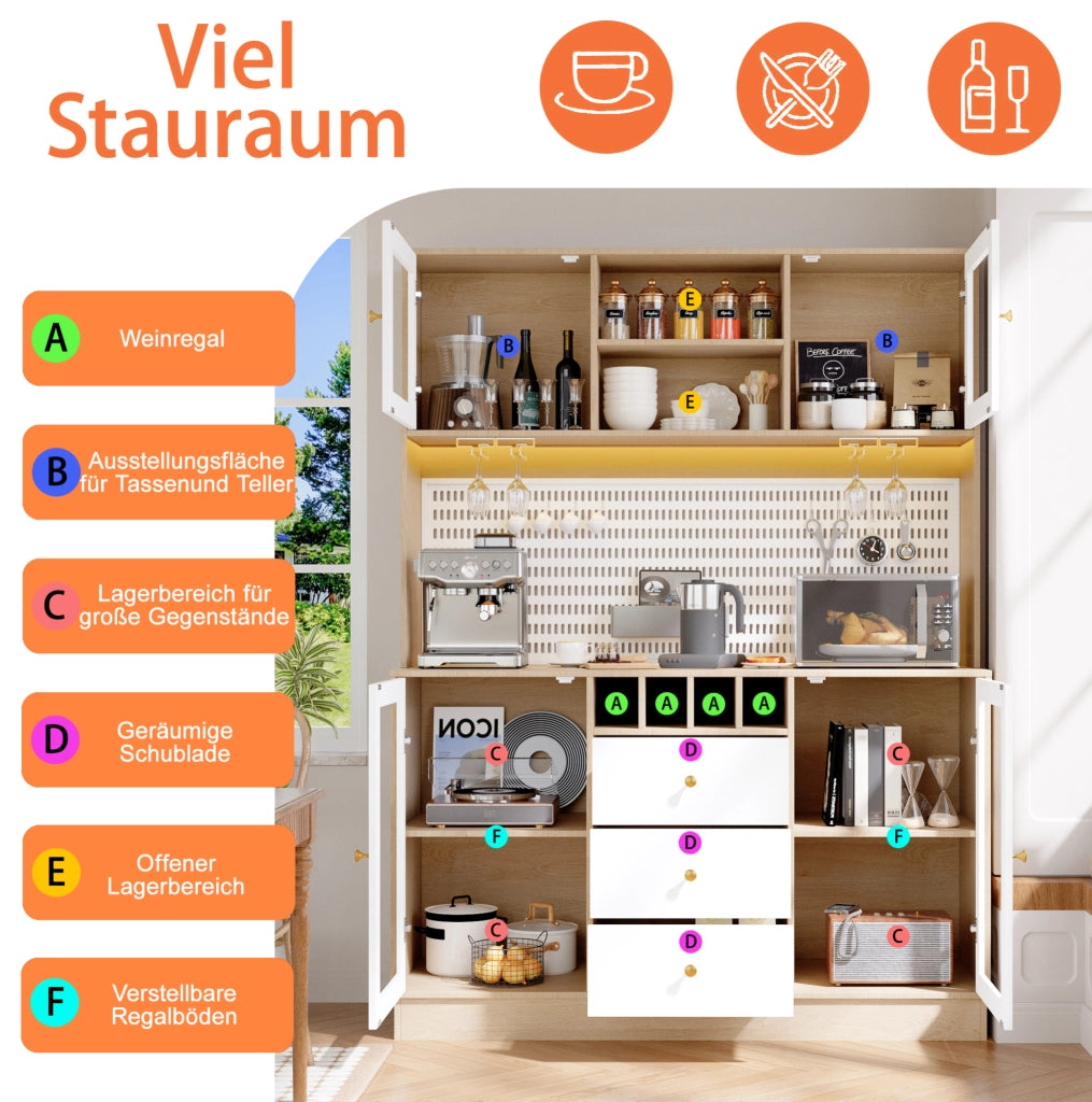 Colonna da cucina con LED smart, portabottiglie e vetro, bianca