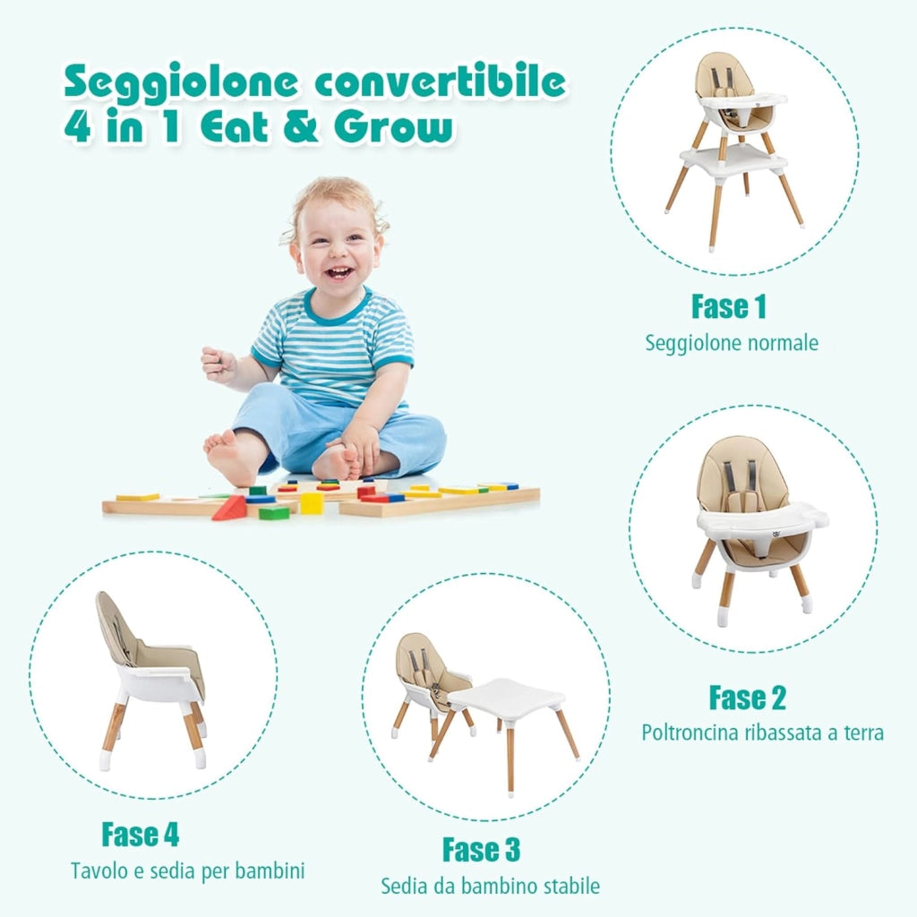 Seggiolone Prima Pappa, Seggiolino Neonati, con Cintura di Sicurezza a 5 Punti, Vassoio Rimovibile e Regolebile (Sabbia)