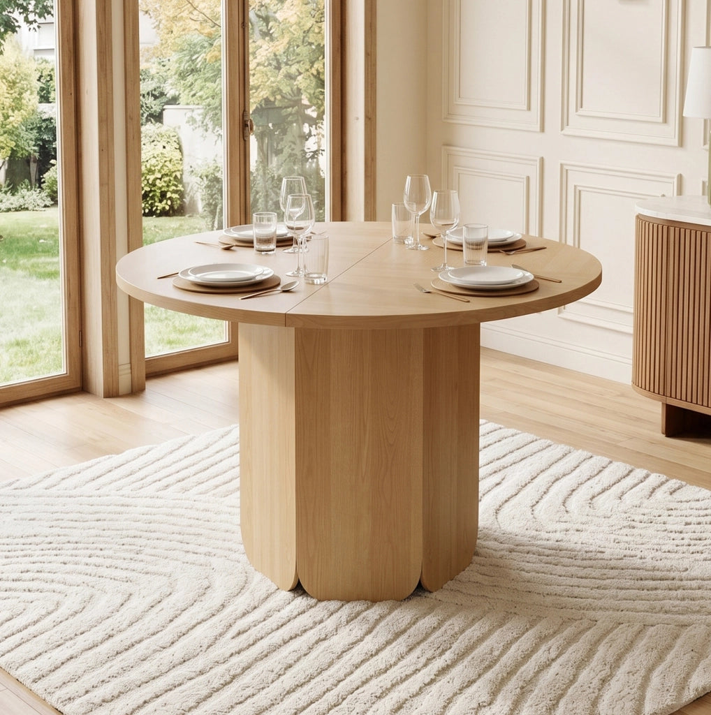 Tavolo da pranzo rotondo 120 cm in MDF colore rovere; stile nordico per 4-6 persone