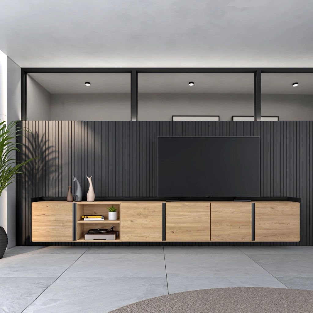 Mobile TV Soggiorno, 309x50x35 cm, Per TV fino a 80", Sospeso, da appendere, Rovere e nero