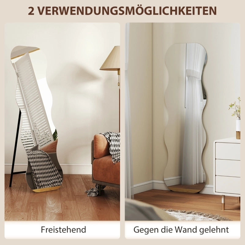 Specchio a figura intera senza cornice, base in legno, posizionabile in modo flessibile, forma ondulata, nero