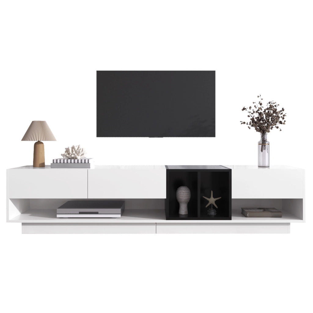 Mobile porta TV moderno lucido bianco e nero con 3 cassetti, 190 cm