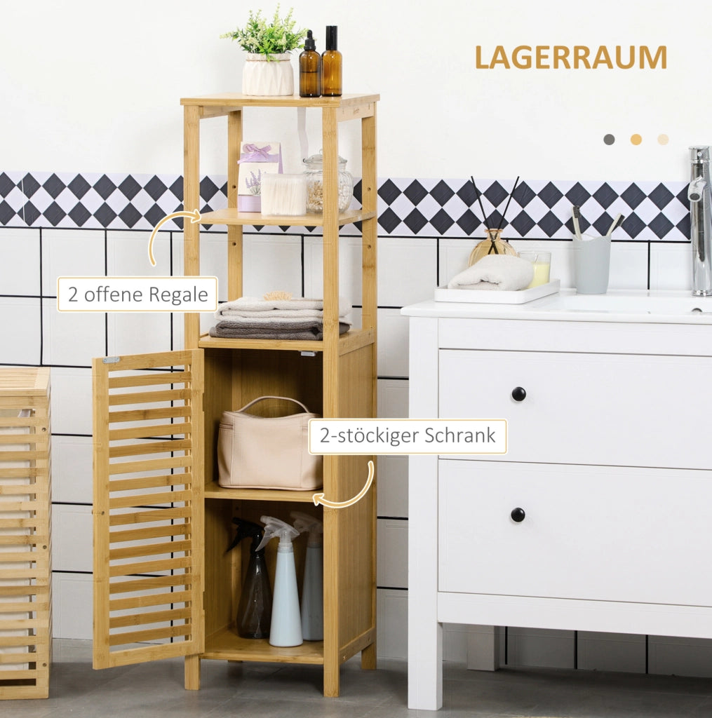 Mobile bagno in bamb¨´ con 2 ripiani aperti e anta a persiana, 32,9¡Á29,9¡Á120 cm