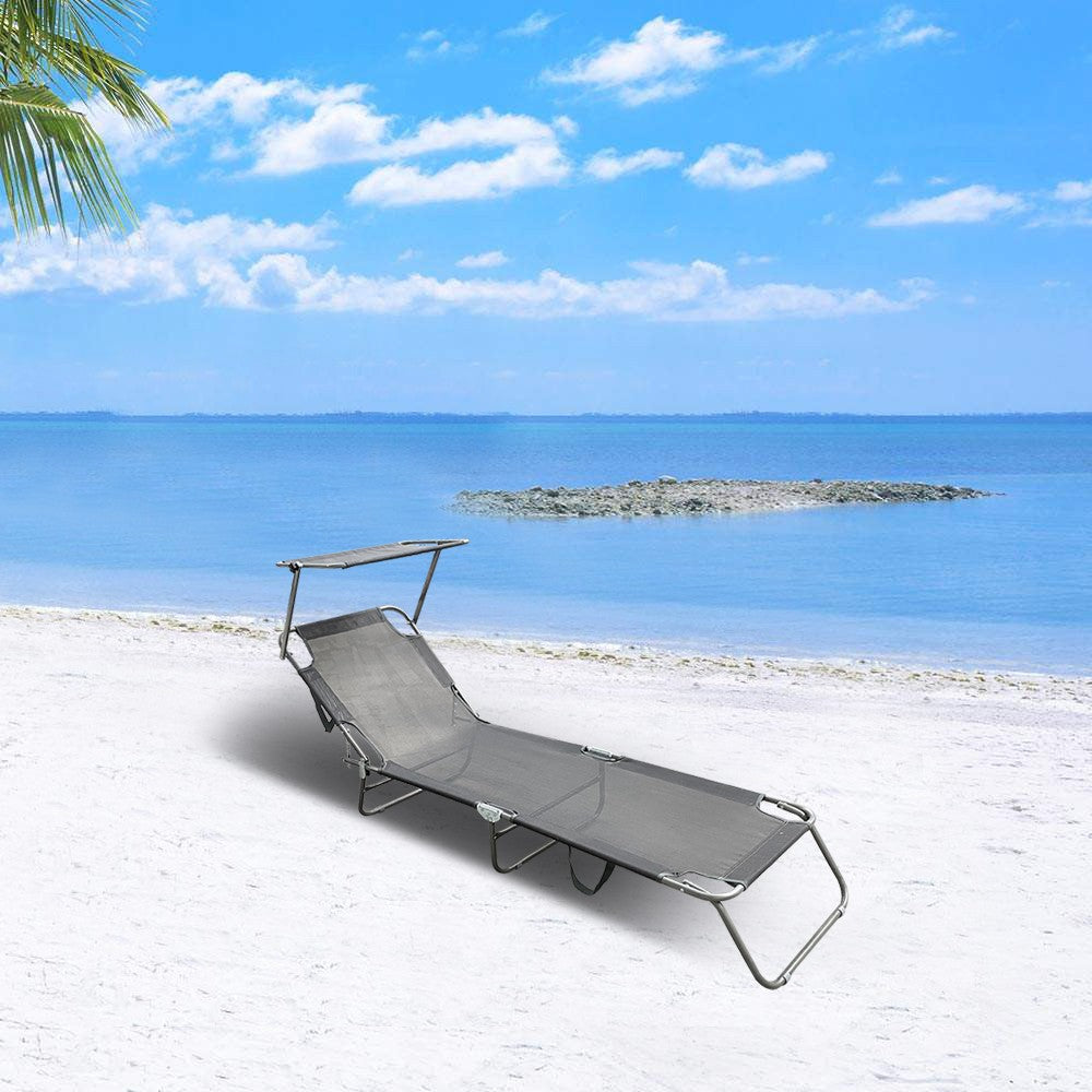 Lettino Prendisole Pieghevole con Schienale Regolabile e Parasole Grigio