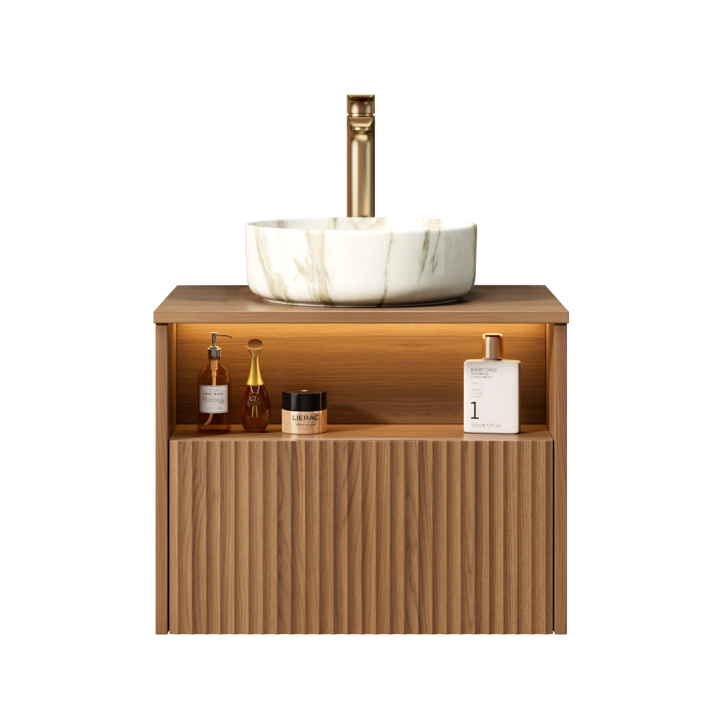 Mobile bagno sospeso con 1 cassetto e 1 vano aperto con lavabo in ceramica e luce LED per bagno 60×46×58.8 cm