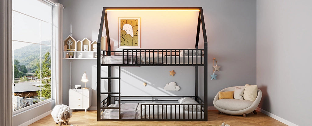 Letto a castello a forma di casa 140x200 cm con corrimano e luce LED, nero